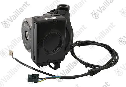 Vaillant Pumpe mit einem Gehäuse und elektrischen Anschlüssen. Sichtbare Kabel und Stecker. Konstruiert für verschiedene Anwendungen in Heizungsanlagen.